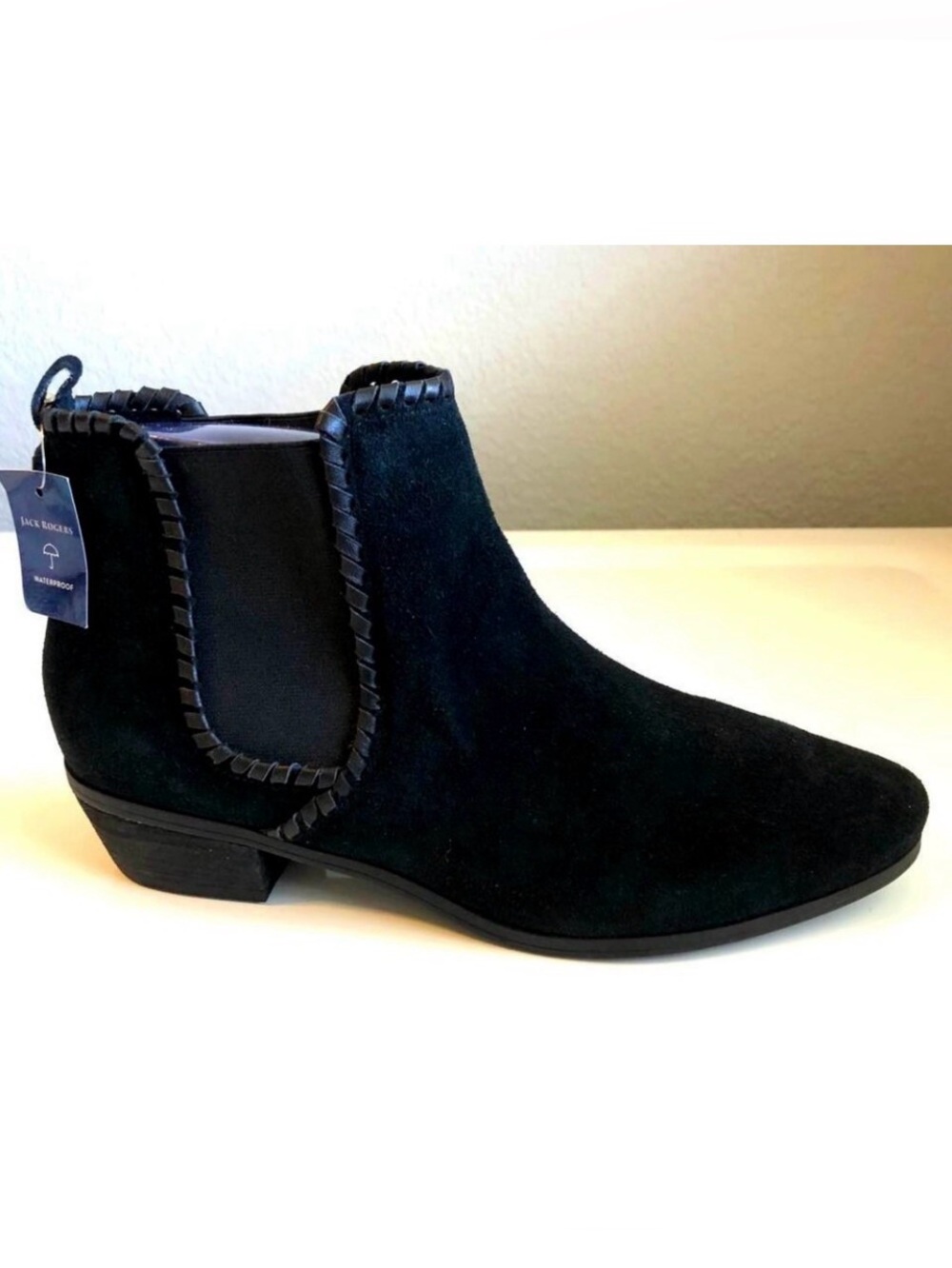 JACK ROGERS Poppy Braided Leather Ankle Booties in Black Waterproof Suede 12 NWT